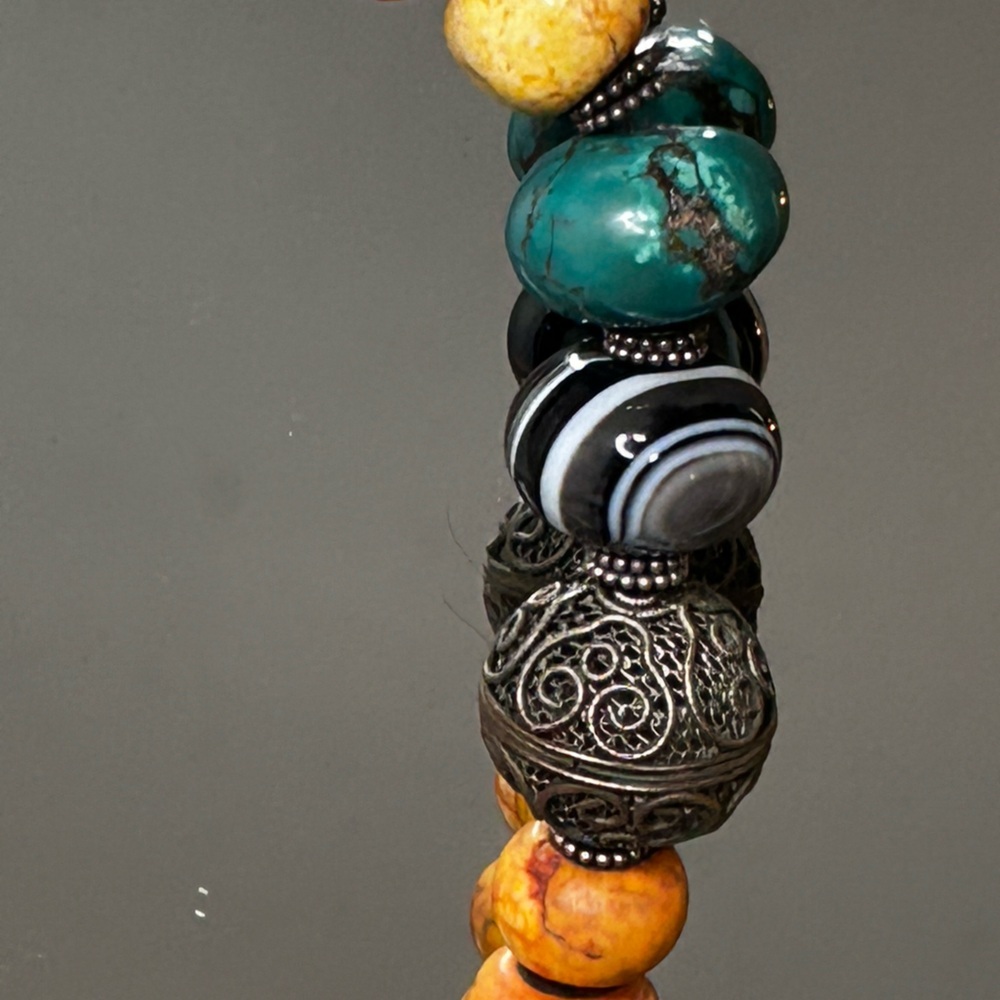 Handmade African beaded tribal choker necklace silver chunky onyx turquoise - Picture 12 of 16
